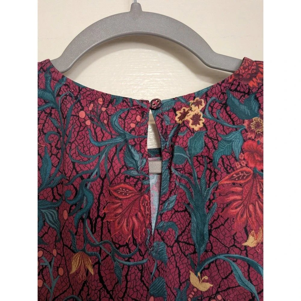 Celina Moon Floral Cotton Boho Belted Mini Dress Long Sleeve Burgundy Large